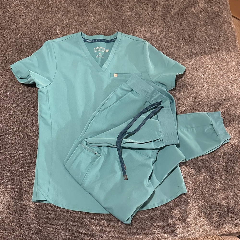 Fabletics Teal V-Neck Scrub Top and Drawstring Pants